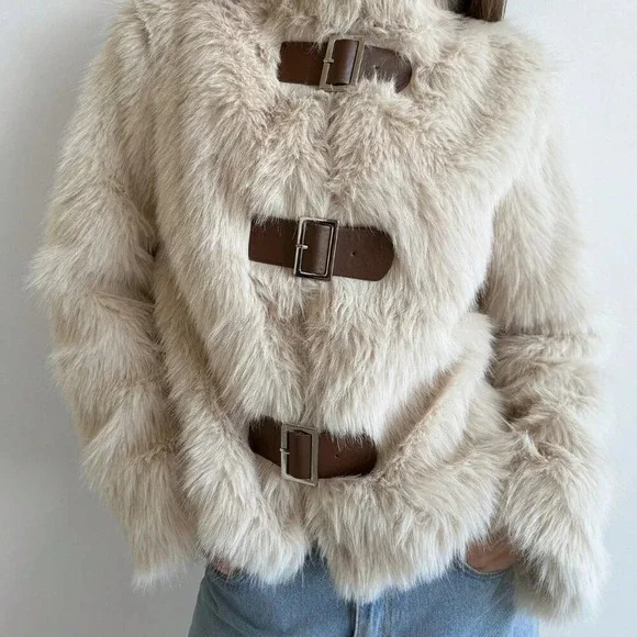 Apricot Casual Women's Stand Collar Fitted Long Sleeve Fluffy Button Jacket - Picture 2 of 9